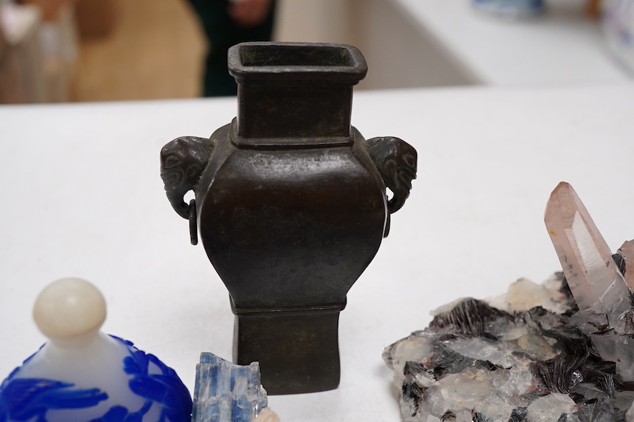 A Chinese bronze small vase, 19th century, rose quartz-14cm and Kyanite specimens, a soapstone seal and a glass snuff bottle